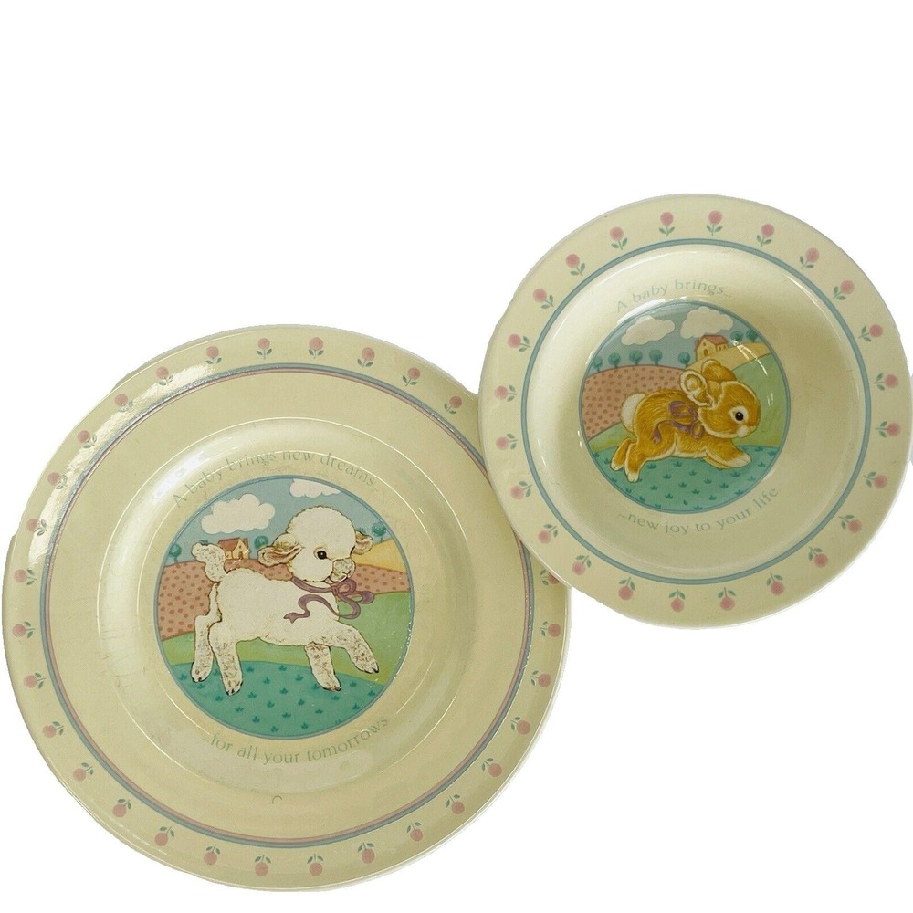 Vintage 1984 Hallmark‎ Baby's Own Heirloom "A Baby Brings" Plate Bowl Bunny Lamb